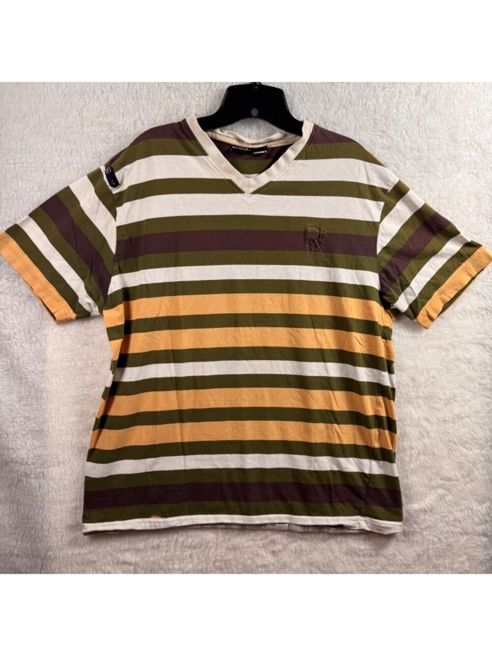 Rocawear Mens large V-Neck Striped T-Shirt Brown/Green/Yellow Y2K streetwear